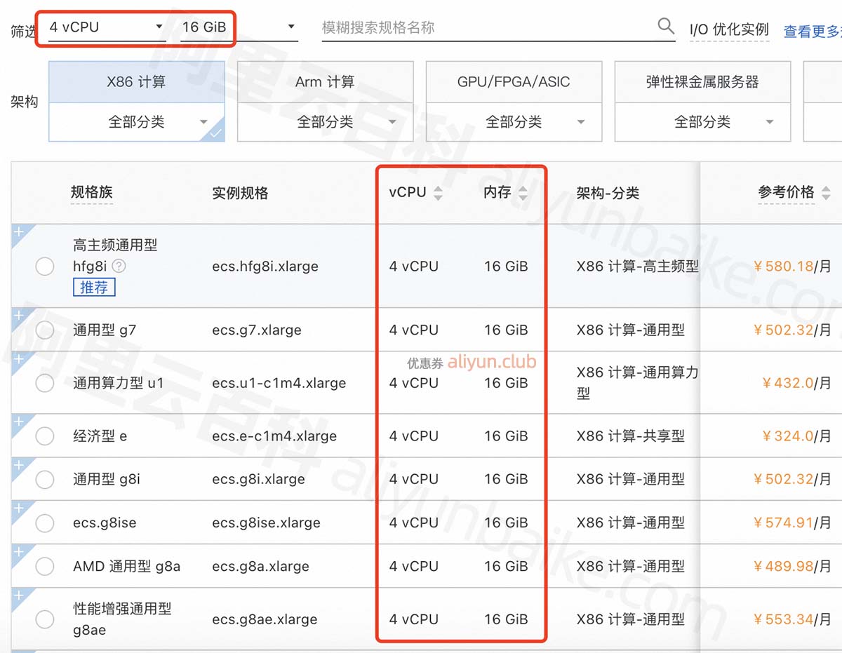 阿里云4核16G服务器ECS实例规格