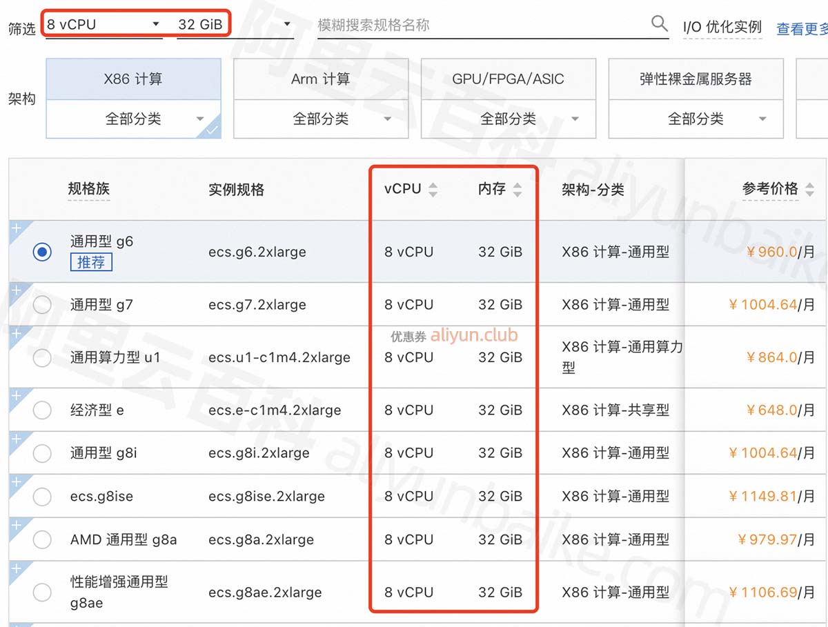 阿里云8核32G服务器ECS实例规格